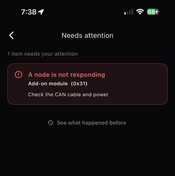 App alert screen: A node is not responding, Add-on module, check the CAN cable and power