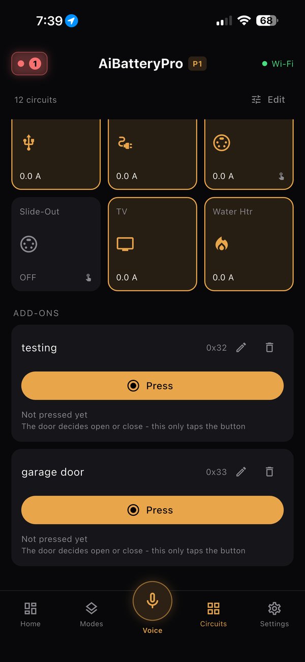 App circuits screen with circuit tiles and add-on modules including a garage door button
