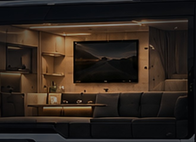 Concept detail: the P1 trailer interior seen through the window